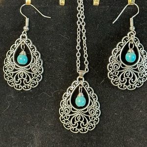 Matching necklace and earrings. Silver and turquoise.  NWT. A set